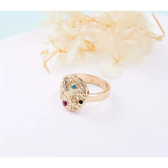 Celestial Star Moon Signet Ring Gold Tone Alloy Zirconia Sparkles Sizes 7 & 8 - Picture 3 of 5